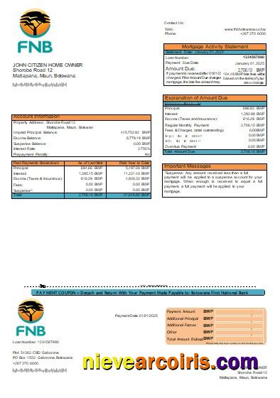 Botswana First National Bank mortgage statement